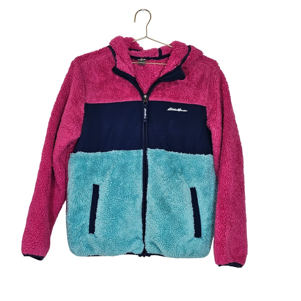 Eddie Bauer Kids Colorblock Sherpa Fleece Full Zip Hoodie Pink Navy Teal L 14/16